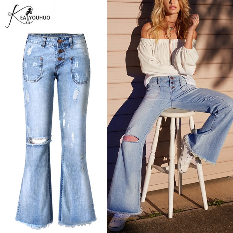 2019 Winter High Waist Female Boyfriend Ripped Jeans For Women Bell Bottom Mom Jeans Plus Size Wide Leg Denim Skinny Jeans Woman